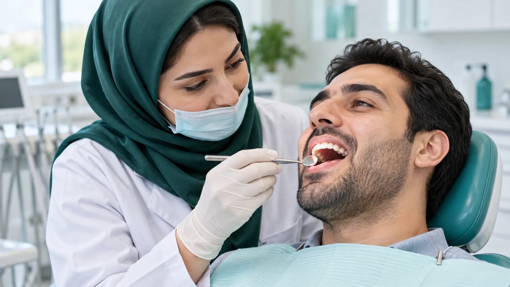 معاینه کامل دهان و دندان در کلینیک برگ دندانپزشک ایرانی در حال معاینه کامل دهان و دندان بیمار