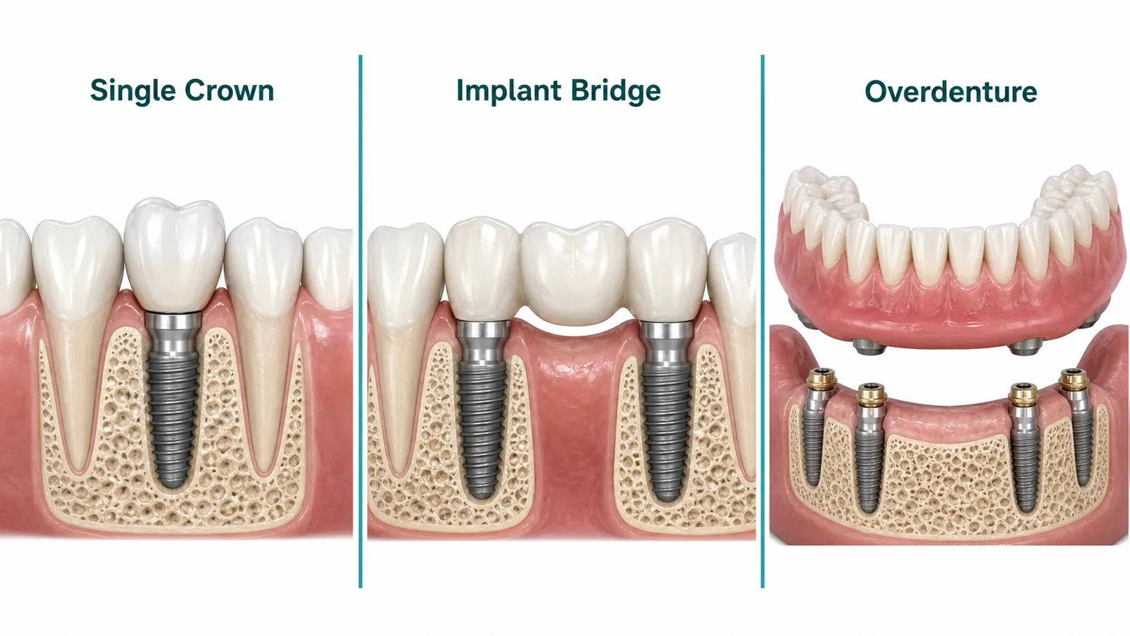 مقایسه پروتزهای Single Crown، Implant Bridge و Overdenture