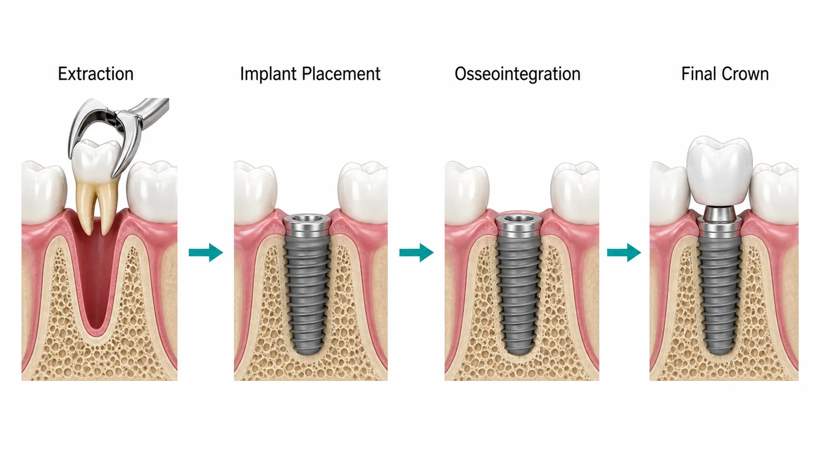 مراحل درمان از Extraction تا Osseointegration و Final Crown