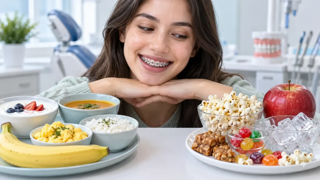 فرد دارای براکت ارتودنسی در حال انتخاب بین غذاهای نرم و خوراکی‌های سفت