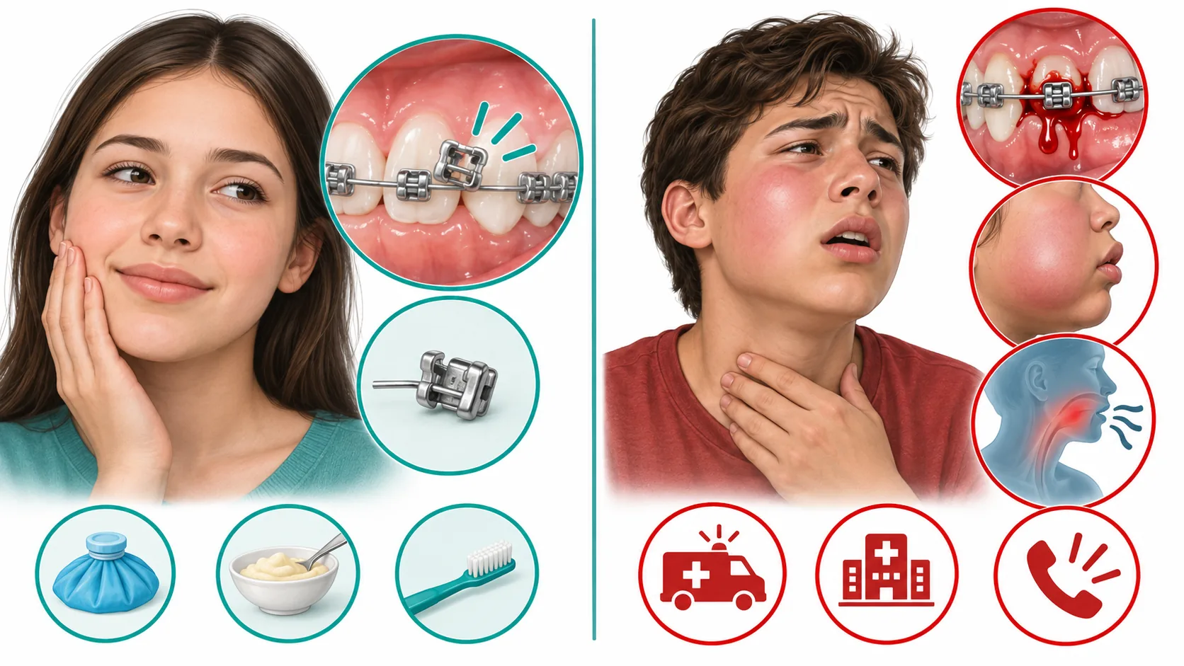 علائم خطر در خرابی دستگاه ارتودنسی تفاوت ناراحتی معمول براکت با خونریزی، تورم صورت و مشکل تنفس