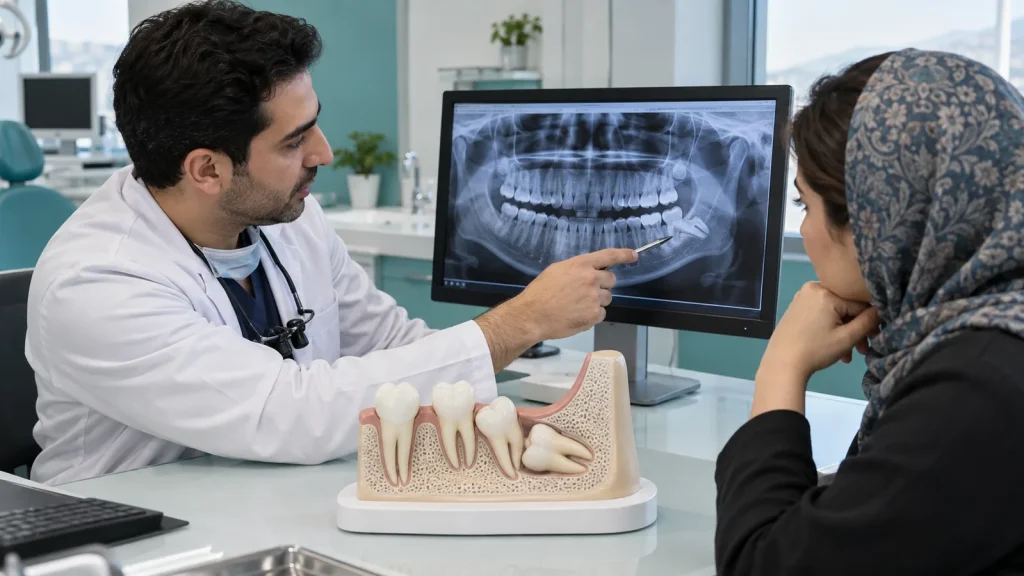 دندانپزشک در حال بررسی عکس پانورامیک دندان عقل نهفته برای بیمار